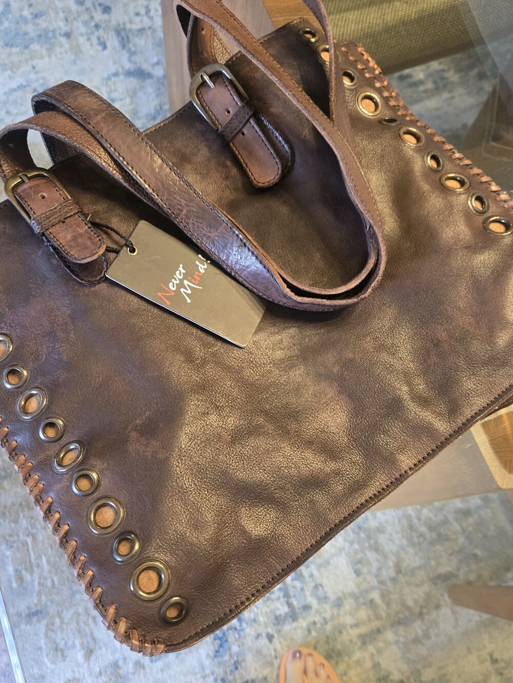 NEVER MIND LEATHER GROMMET TOTE NWT